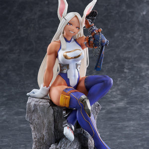 Full front view of the Spiritale My Hero Academia Mirko 1/7 scale figure seated on a rocky base with a confident smile.