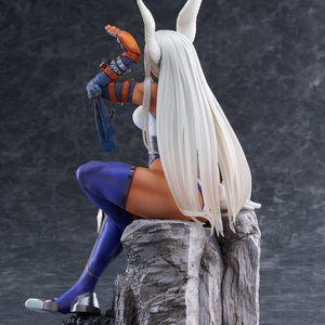Rear studio shot showing Mirko's flowing white hair, rabbit tail, and the texture of the rock base.
