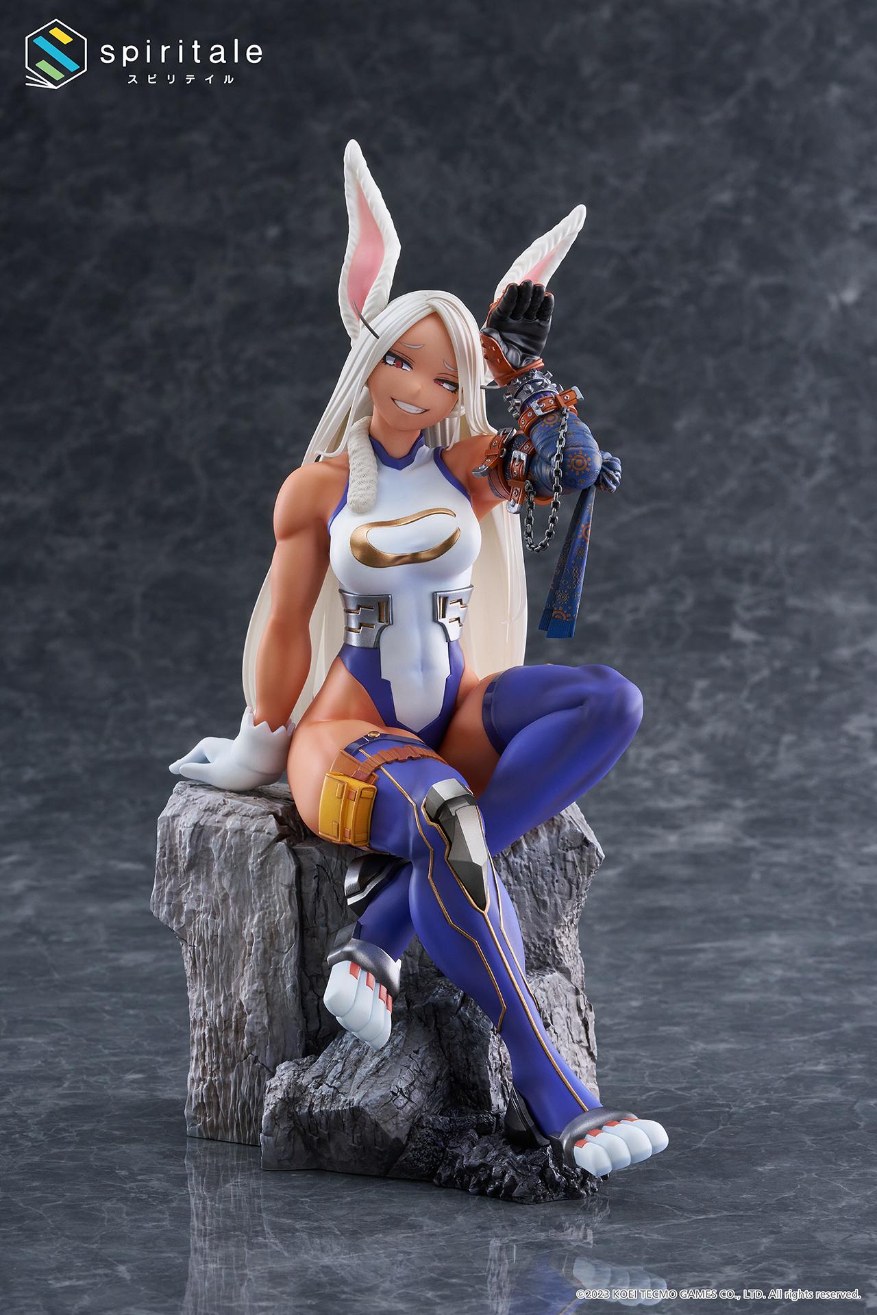 Studio display of the 1/7 scale Mirko figure perched on a cracked rock pedestal making a rabbit ear pose.