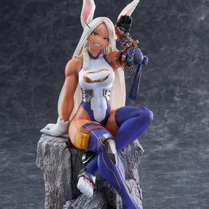 Studio display of the 1/7 scale Mirko figure perched on a cracked rock pedestal making a rabbit ear pose.