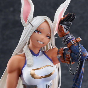 Close-up of Mirko's upper body, confident smile, crescent moon suit insignia, and spiked gauntlet.