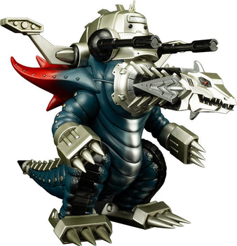 A full-body studio shot of the Mecha Ghoulghilas chibi figure showing its drill-like head, mechanical cannons, and silver claws.