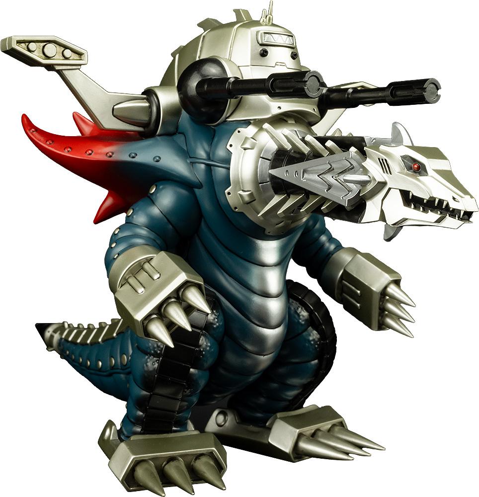 A full-body studio shot of the Mecha Ghoulghilas chibi figure showing its drill-like head, mechanical cannons, and silver claws.