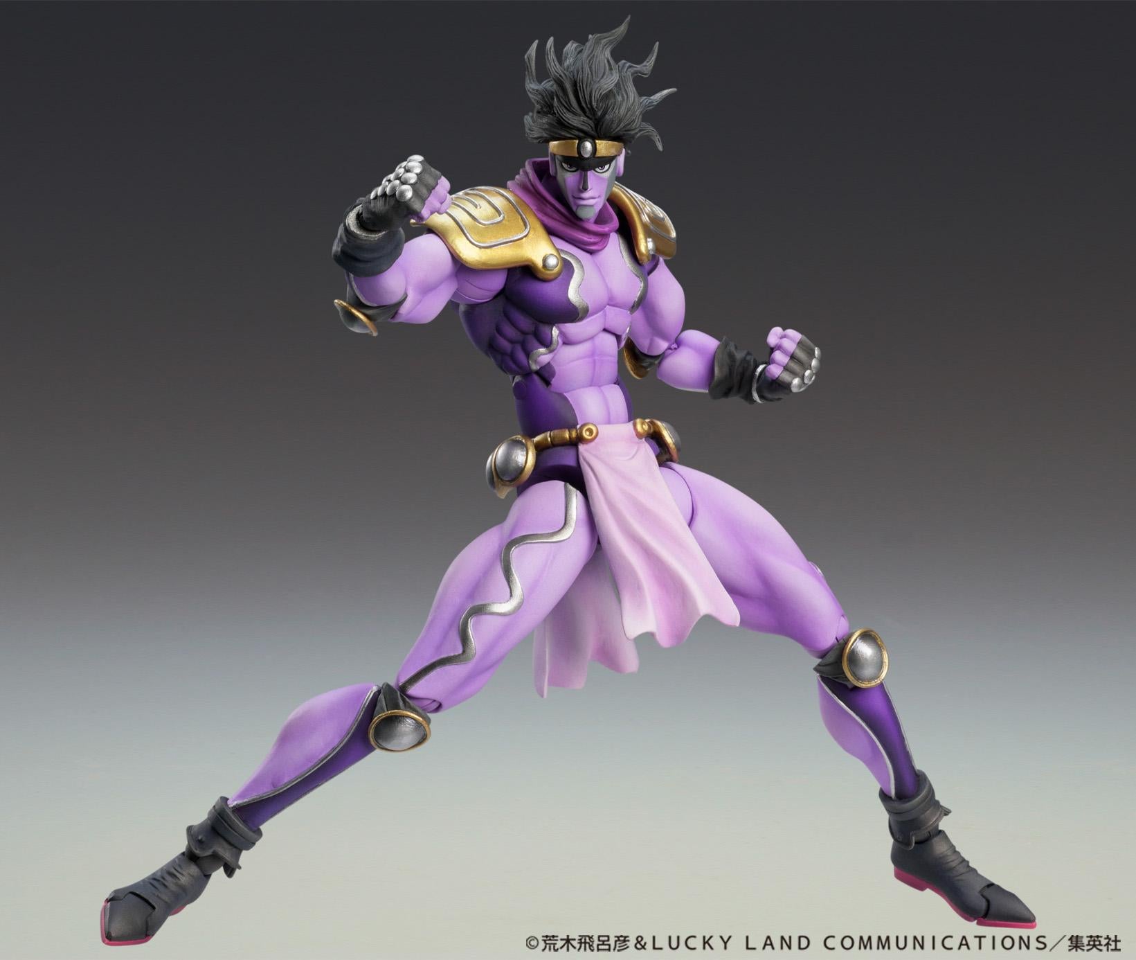 Wide athletic fighting stance of the purple Star Platinum Third Super Action Statue figure with raised fists.