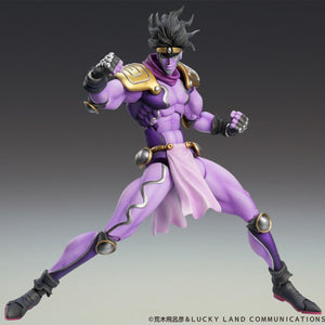Wide athletic fighting stance of the purple Star Platinum Third Super Action Statue figure with raised fists.