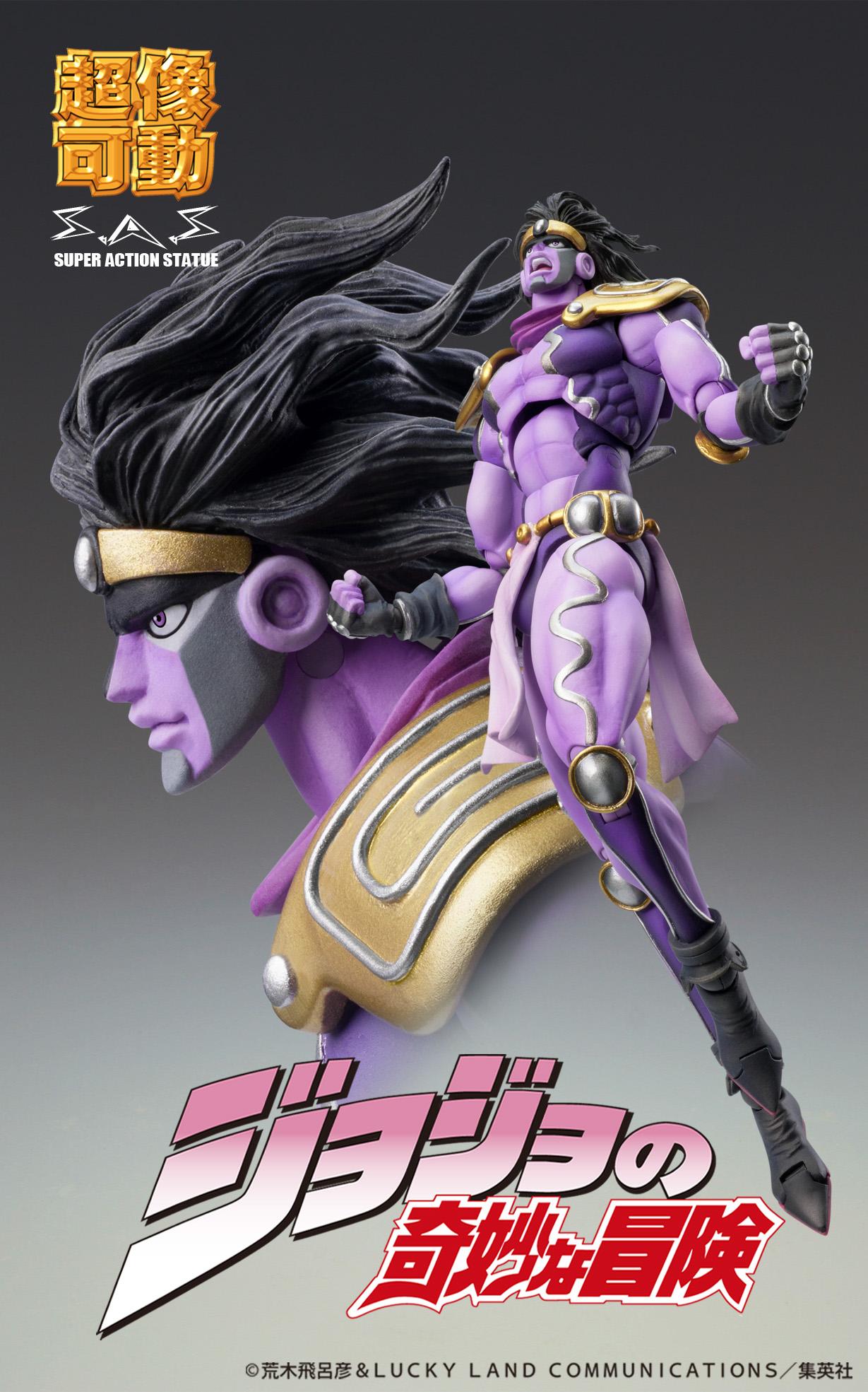 Close-up side profile shot of Star Platinum Third showing flowing hair alongside full-body aerial action pose.