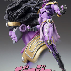 Close-up side profile shot of Star Platinum Third showing flowing hair alongside full-body aerial action pose.