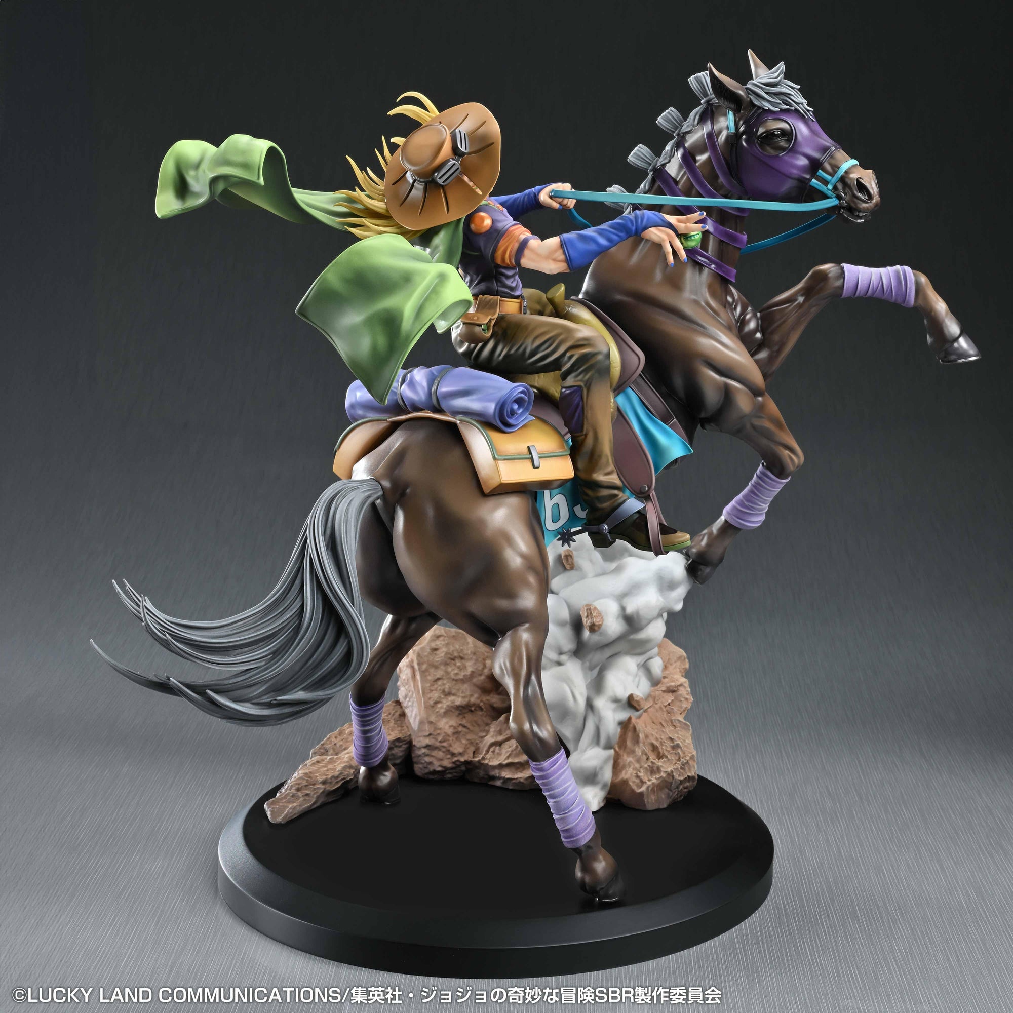 Rear right three-quarter view focusing on Gyro Zeppeli's back, his signature slotted cowboy hat, flowing green cape, and the rear of the rearing horse.