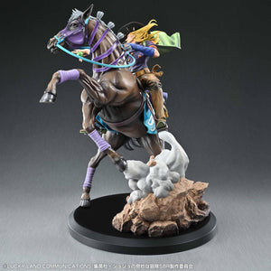Front-left three-quarter view of the JoJo's Bizarre Adventure statue, showing Valkyrie rearing up over a large, sculpted smoky dust cloud and rock base.