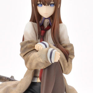 Close-up portrait view of Kurisu Makise face sculpt, brown jacket, red tie, and detailed eye paint work