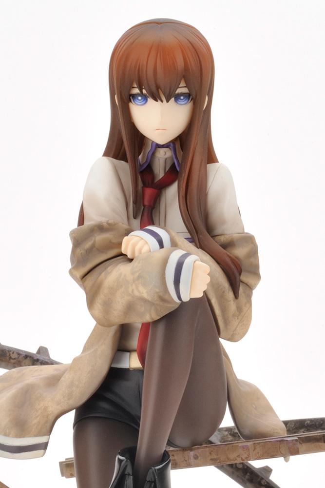 Close-up portrait view of Kurisu Makise face sculpt, brown jacket, red tie, and detailed eye paint work