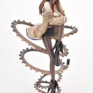 Side angle view of Kurisu Makise figure featuring the red broken cell phone accent along the spiral gear base