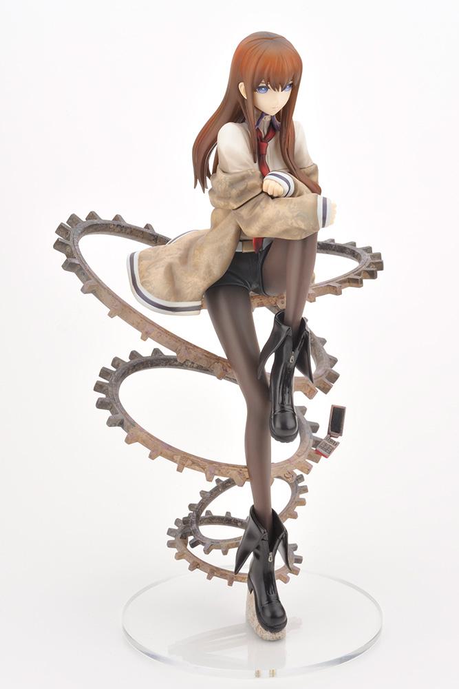 Side angle view of Kurisu Makise figure featuring the red broken cell phone accent along the spiral gear base