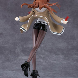 Rear view of the assembled Kurisu Makise model kit highlighting her trailing jacket, shorts, and flowing hair.