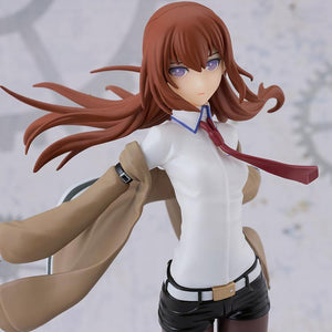 Detailed upper-body close-up of the Kurisu Makise plastic model kit set against a gear pattern background.