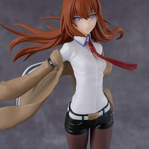 Close-up upper body portrait of the assembled Kurisu Makise plastic model kit showcasing facial expression and uniform details.