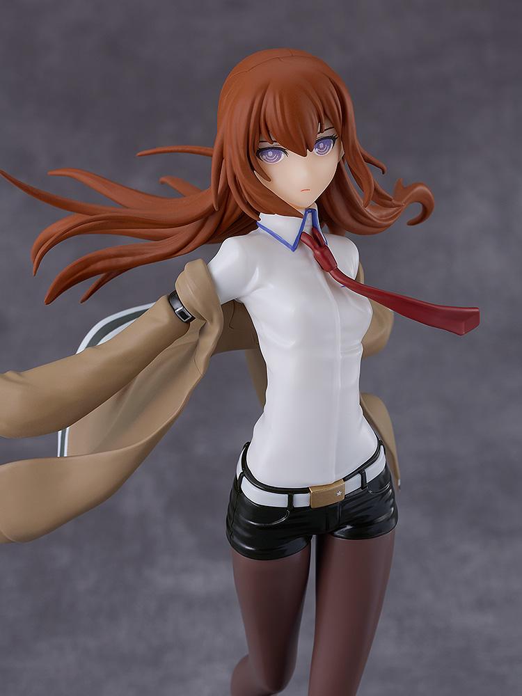 Close-up upper body portrait of the assembled Kurisu Makise plastic model kit showcasing facial expression and uniform details.