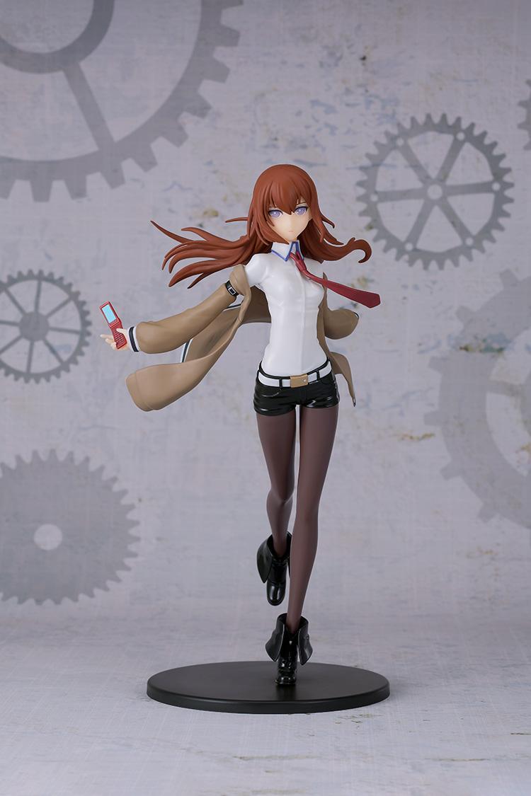 Assembled Kurisu Makise Reincarnation series figure model displayed in front of a time-travel gear backdrop.
