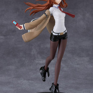 Three-quarter angle shot of the assembled Steins Gate Kurisu Makise model kit running with cellphone in hand.
