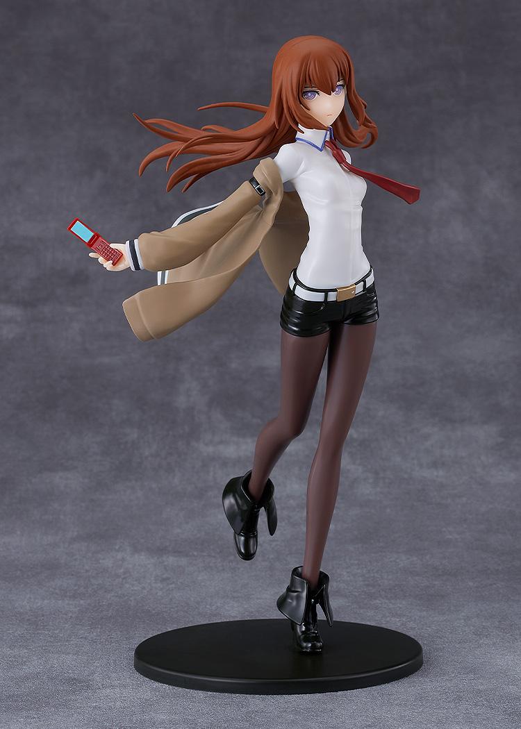 Three-quarter angle shot of the assembled Steins Gate Kurisu Makise model kit running with cellphone in hand.