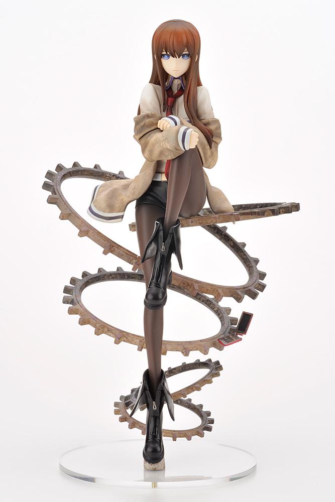 Full body front shot of Kurisu Makise 1/8 scale figure resting atop intertwined time travel gears on clear base