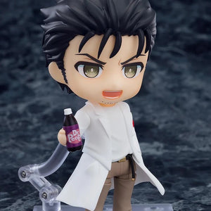 Nendoroid Rintaro Okabe 2.0 figure posed holding the miniature bottle accessory (likely "Dr Pepper" substitute), showing the determined face plate.