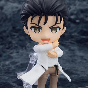 Nendoroid Rintaro Okabe 2.0 figure posed with the determined face plate, showing him adjusting his white lab coat.