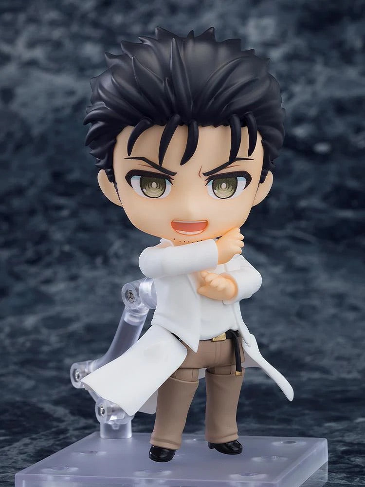 Nendoroid Rintaro Okabe 2.0 figure posed with the determined face plate, showing him adjusting his white lab coat.