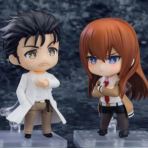 Nendoroid Rintaro Okabe 2.0 figure with the panicked face plate posed next to Nendoroid Kurisu Makise (sold separately), showing the figure's scale.