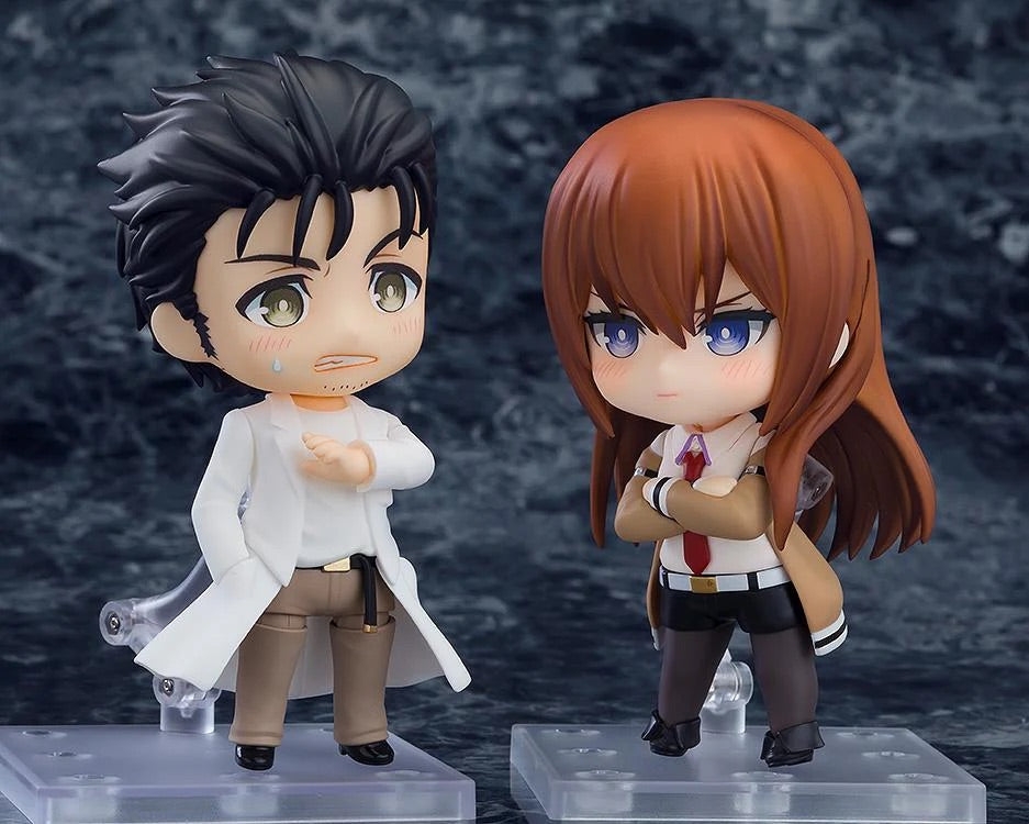 Nendoroid Rintaro Okabe 2.0 figure with the panicked face plate posed next to Nendoroid Kurisu Makise (sold separately), showing the figure's scale.