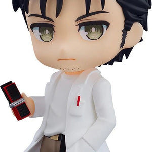 Main image of the STEINS;GATE Nendoroid Rintaro Okabe 2.0 figure by Good Smile Company, wearing his lab coat and holding the red cellphone accessory.
