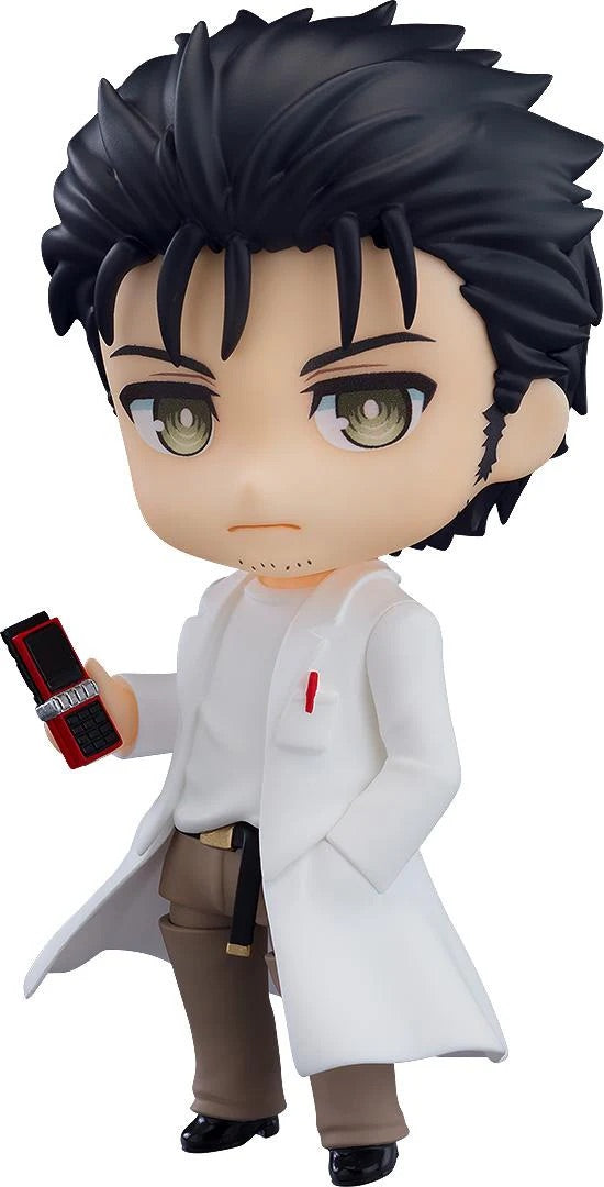 Main image of the STEINS;GATE Nendoroid Rintaro Okabe 2.0 figure by Good Smile Company, wearing his lab coat and holding the red cellphone accessory.