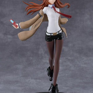 Fully assembled and painted Steins Gate Reincarnation Kurisu Makise plastic model kit in a mid-sprint pose holding a red flip phone.