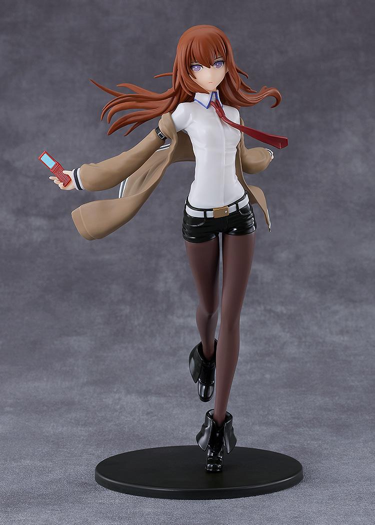 Fully assembled and painted Steins Gate Reincarnation Kurisu Makise plastic model kit in a mid-sprint pose holding a red flip phone.