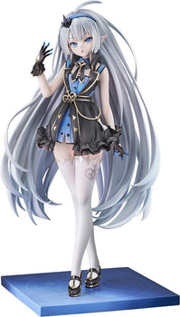 Full body front view of the Stella Sora Tyrant 1/7 scale figure featuring silver hair, black and blue dress, and blue base on a white background.