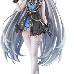 Full body front view of the Stella Sora Tyrant 1/7 scale figure featuring silver hair, black and blue dress, and blue base on a white background.