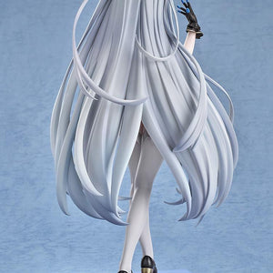 Back view of the Stella Sora Tyrant figure showcasing long sculpted silver hair cascading down past her waist and patterned knee-high socks.