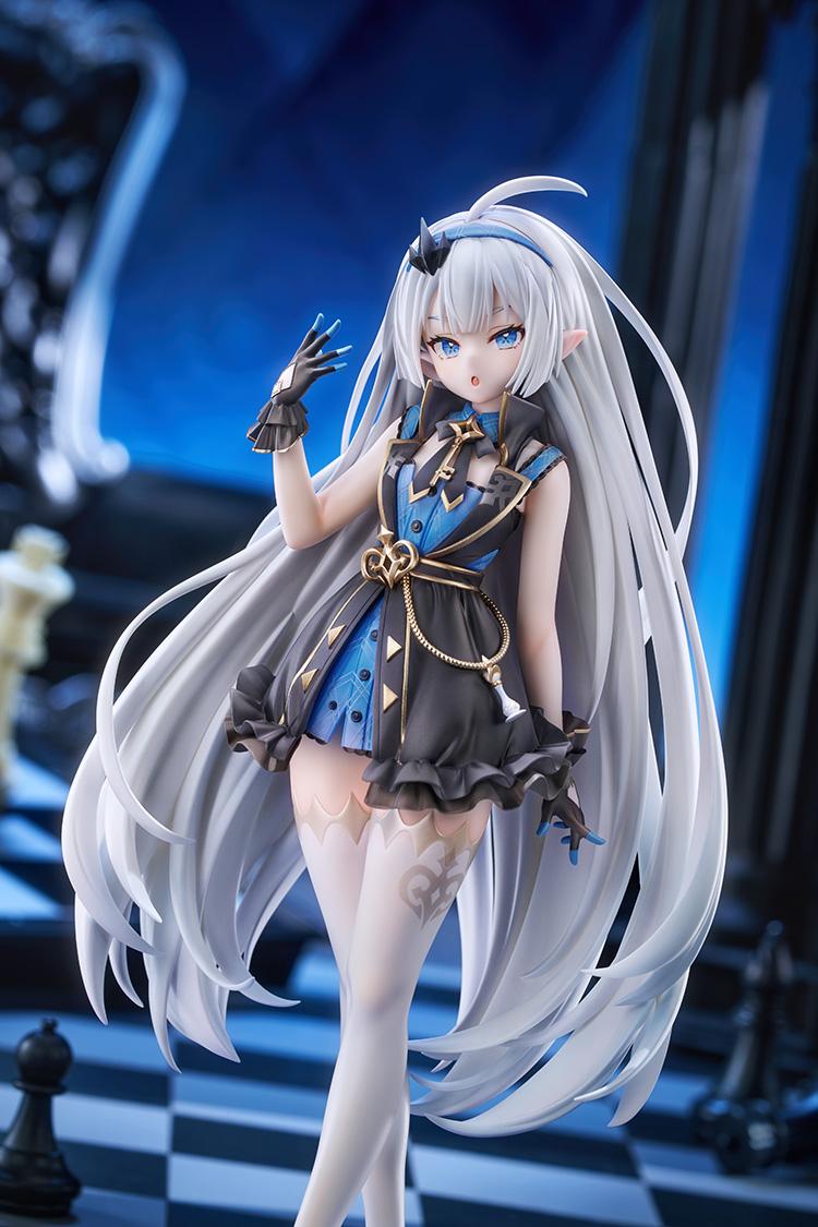 Detailed studio portrait of the Stella Sora Tyrant female figure with dramatic blue lighting and chess motif background.