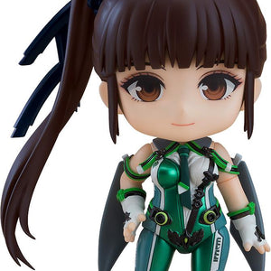 Close-up portrait of the Stellar Blade EVE Nendoroid figure showing the smiling face plate and detailed ponytail.