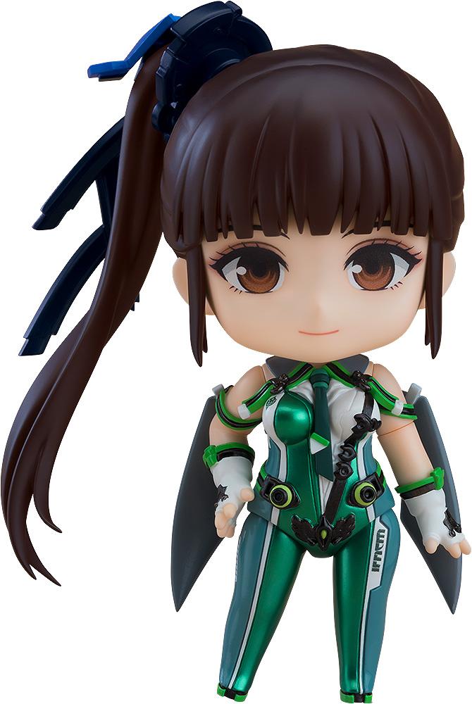 Close-up portrait of the Stellar Blade EVE Nendoroid figure showing the smiling face plate and detailed ponytail.
