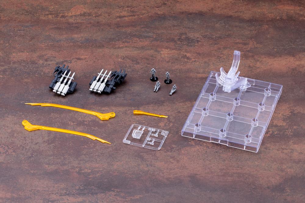 Overhead view of all accessories including pulse lasers, missiles, effect parts, and pilot figures.