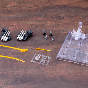 Overhead view of all accessories including pulse lasers, missiles, effect parts, and pilot figures.