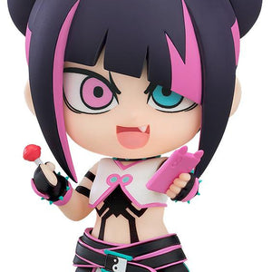 Front view of Juri-chan Nendoroid from Street Fighter 6 holding a pink lollipop and smartphone.