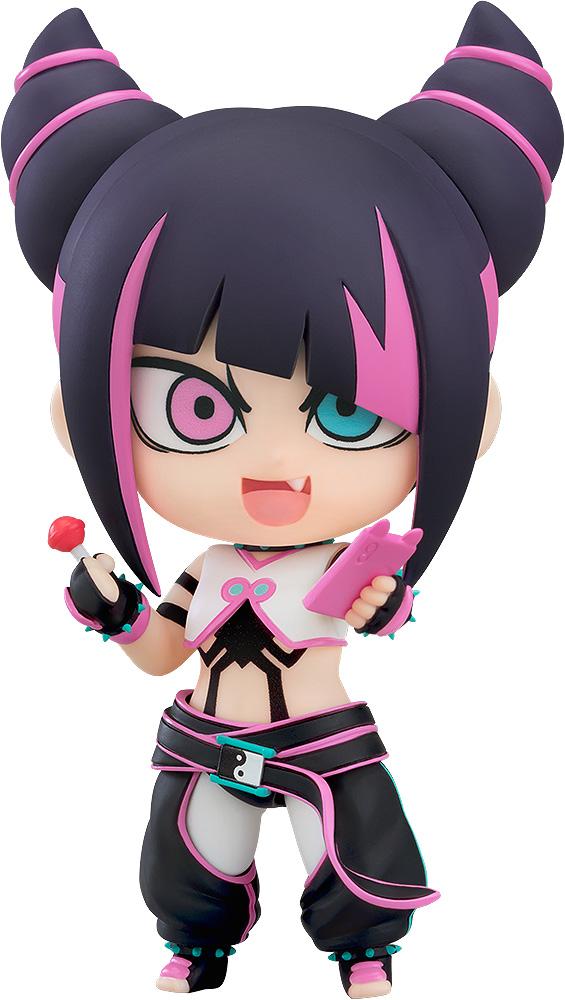 Front view of Juri-chan Nendoroid from Street Fighter 6 holding a pink lollipop and smartphone.