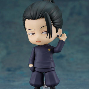 Suguru Geto Nendoroid figure featuring an angry, stern face plate while raising a hand up toward his ear lobe earring.