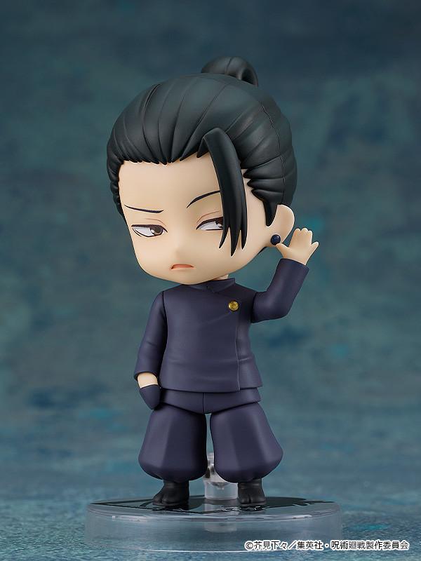 Suguru Geto Nendoroid figure featuring an angry, stern face plate while raising a hand up toward his ear lobe earring.