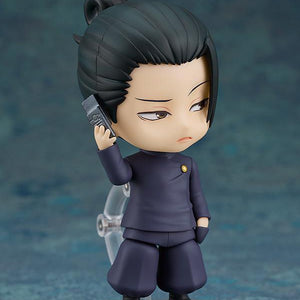 Suguru Geto Nendoroid figure looking downward with a serious expression while holding a miniature flip cell phone accessory to his ear.