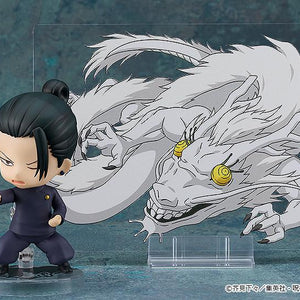 Suguru Geto Nendoroid figure in a martial arts combat stance set in front of a clear acrylic background plate depicting a large white Japanese dragon cursed spirit.