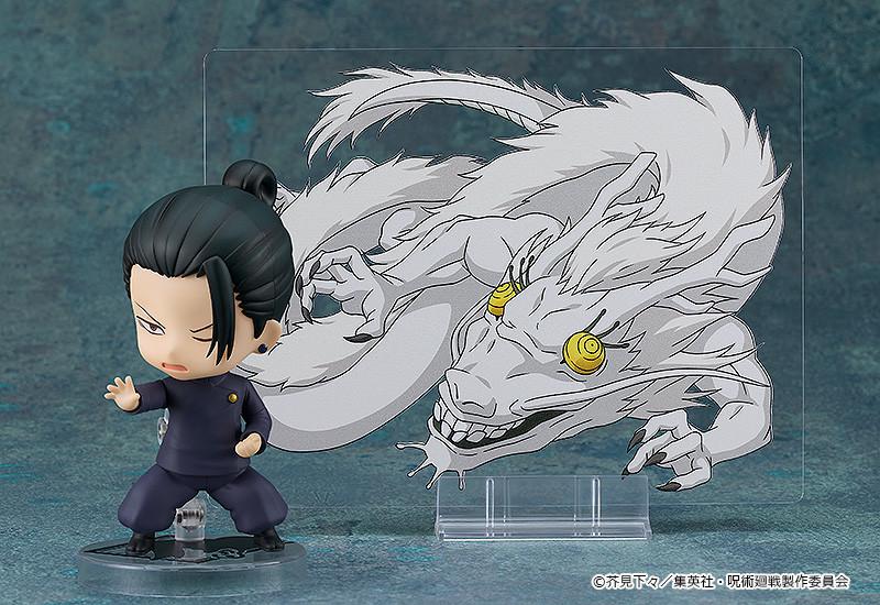 Suguru Geto Nendoroid figure in a martial arts combat stance set in front of a clear acrylic background plate depicting a large white Japanese dragon cursed spirit.