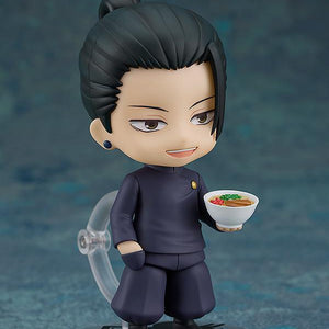 Suguru Geto Nendoroid figure showing a smug goading face plate while holding a small white bowl of Okinawa soba accessory.